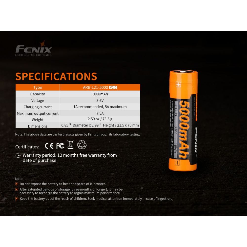 Dobíjecí baterie 21700 5000mAh (Li-Ion)- Fenix